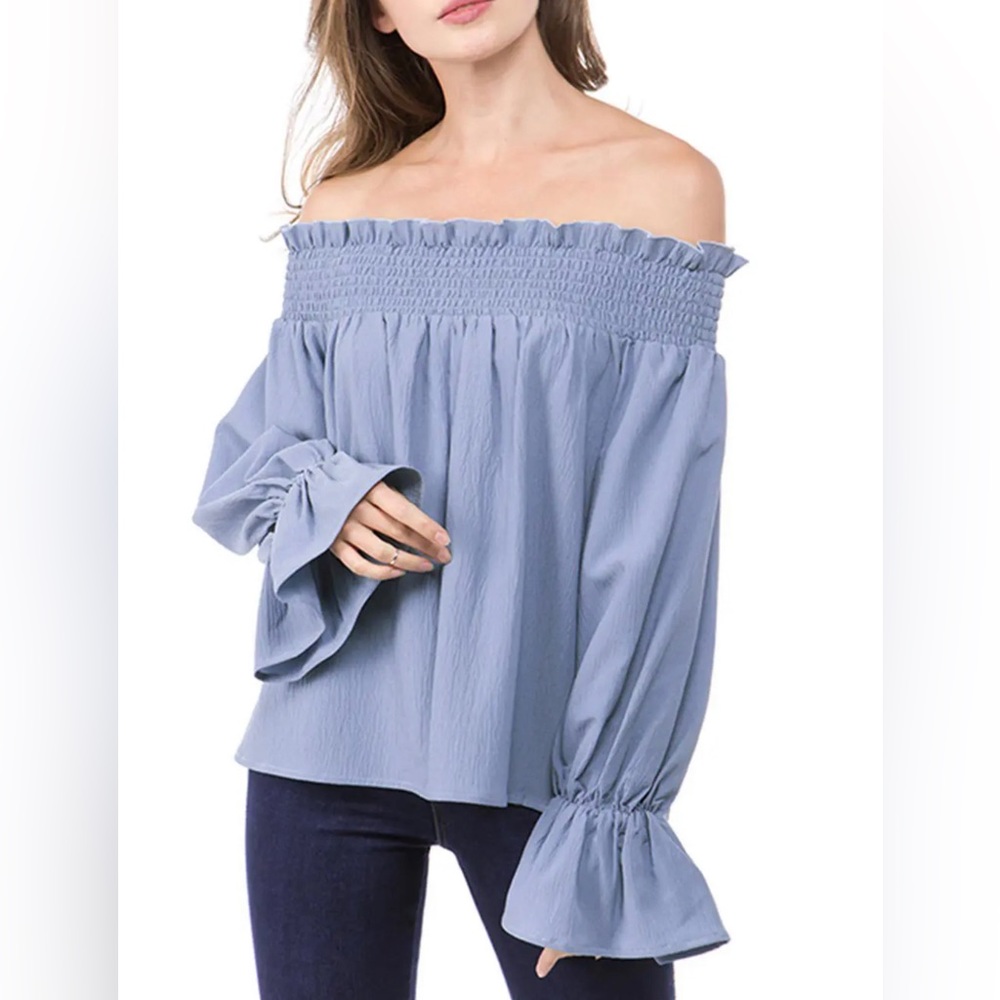 DressLily Poet Sleeve Off The Shoulder Shirred Blouse (Baby Blue) (XXL)
